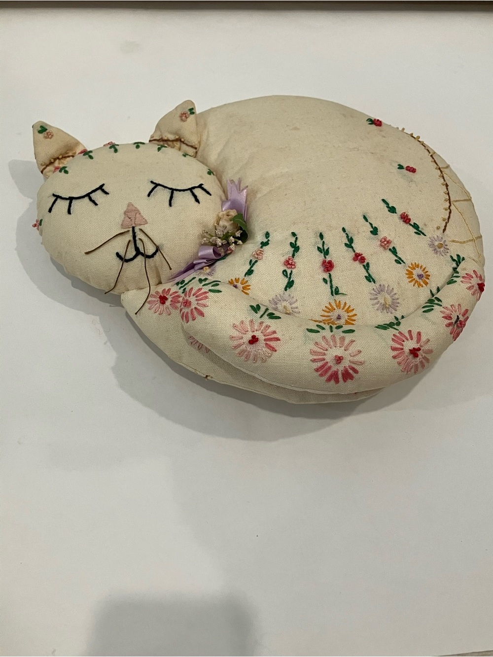 Sweet Vintage Handmade Sleeping Cat Pillow Embroidered Flowers Cottage Core